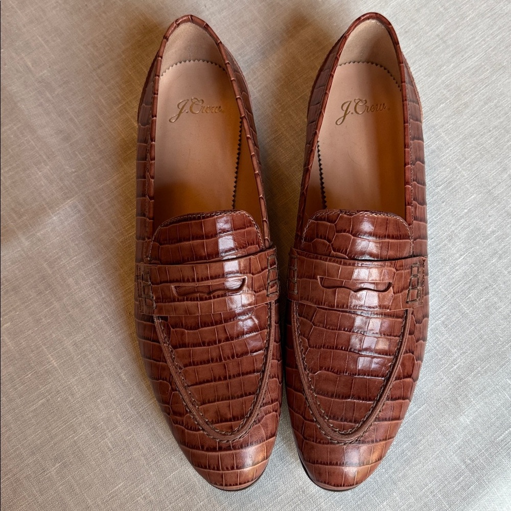 NWT J Crew Croc-Upper Embossed Leather Tan Loafers